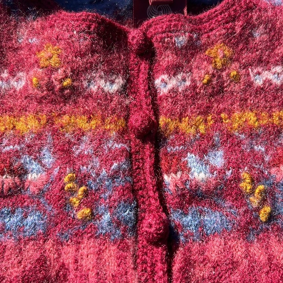 Vintage Susan Bristol Pure Wool Hand Embroidered Sweater Cardigan Burgundy L - Picture 10 of 17